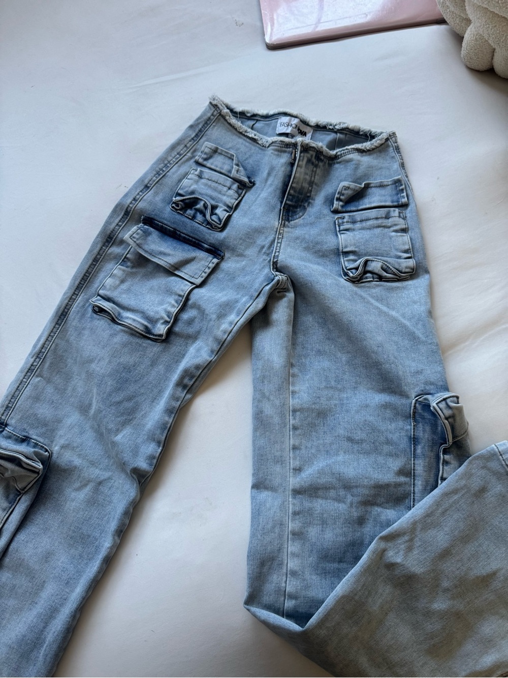 Fashion Nova Light Blue Straight Leg Cargo Jeans for Women